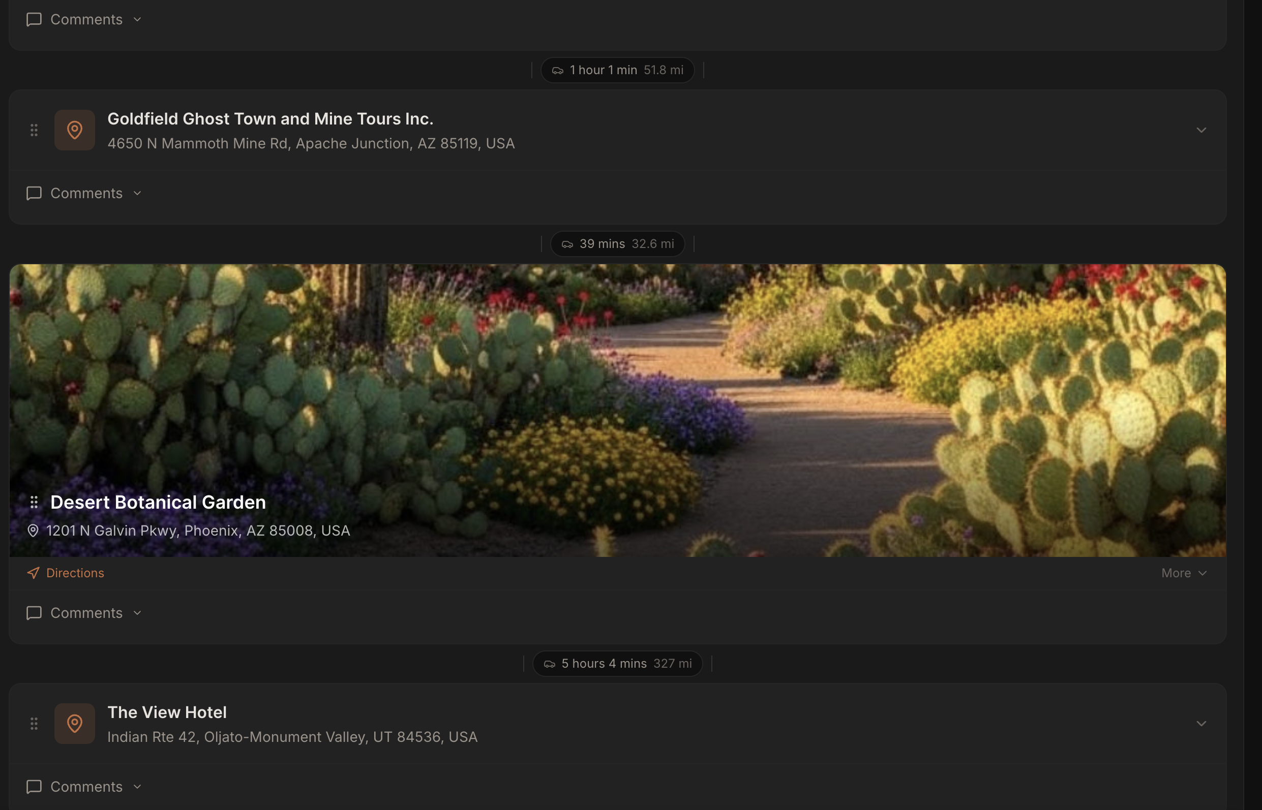 Itinerary view showing shoot days and locations in sequence