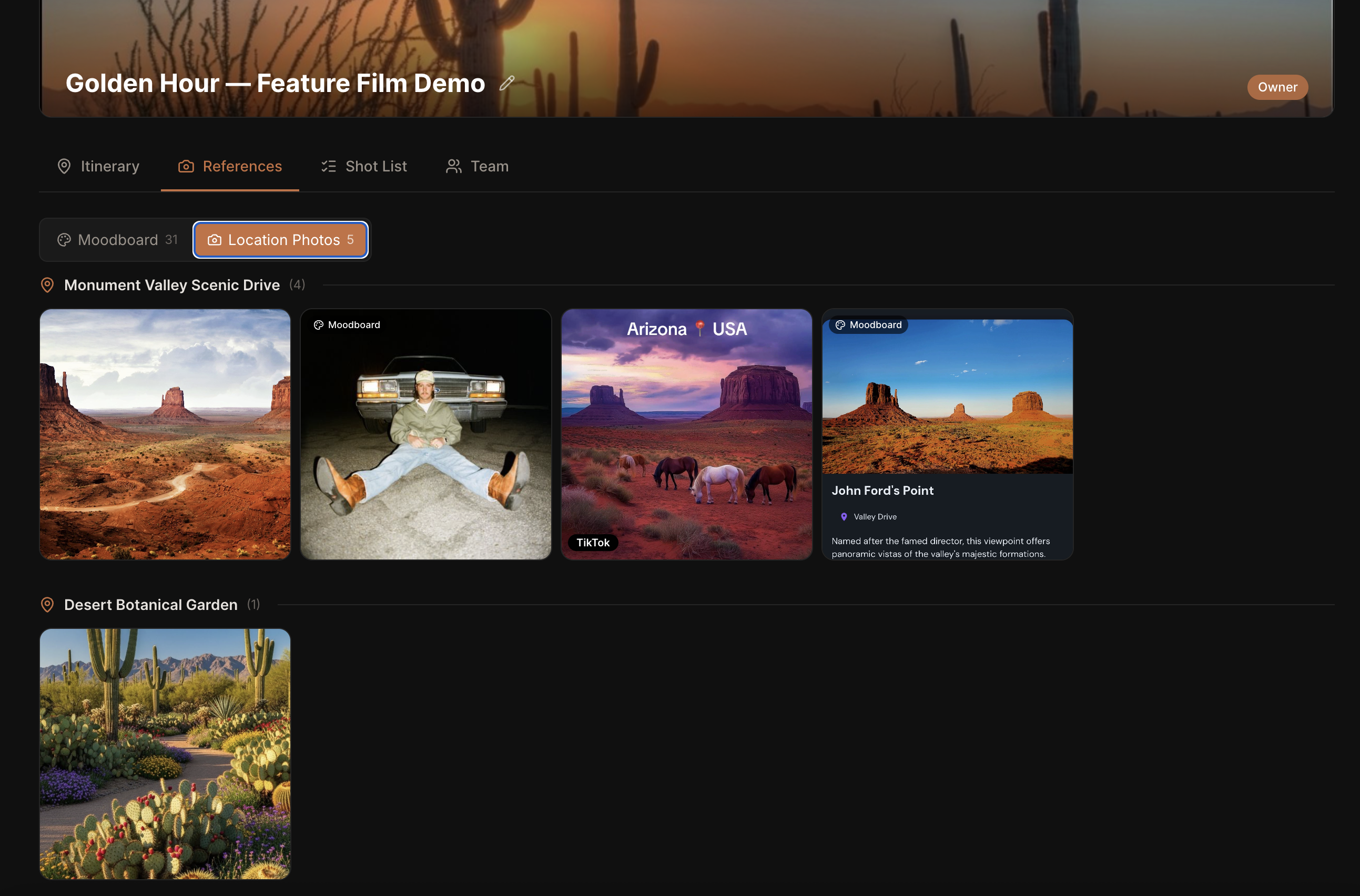 Moodboard showing references filtered and grouped by location