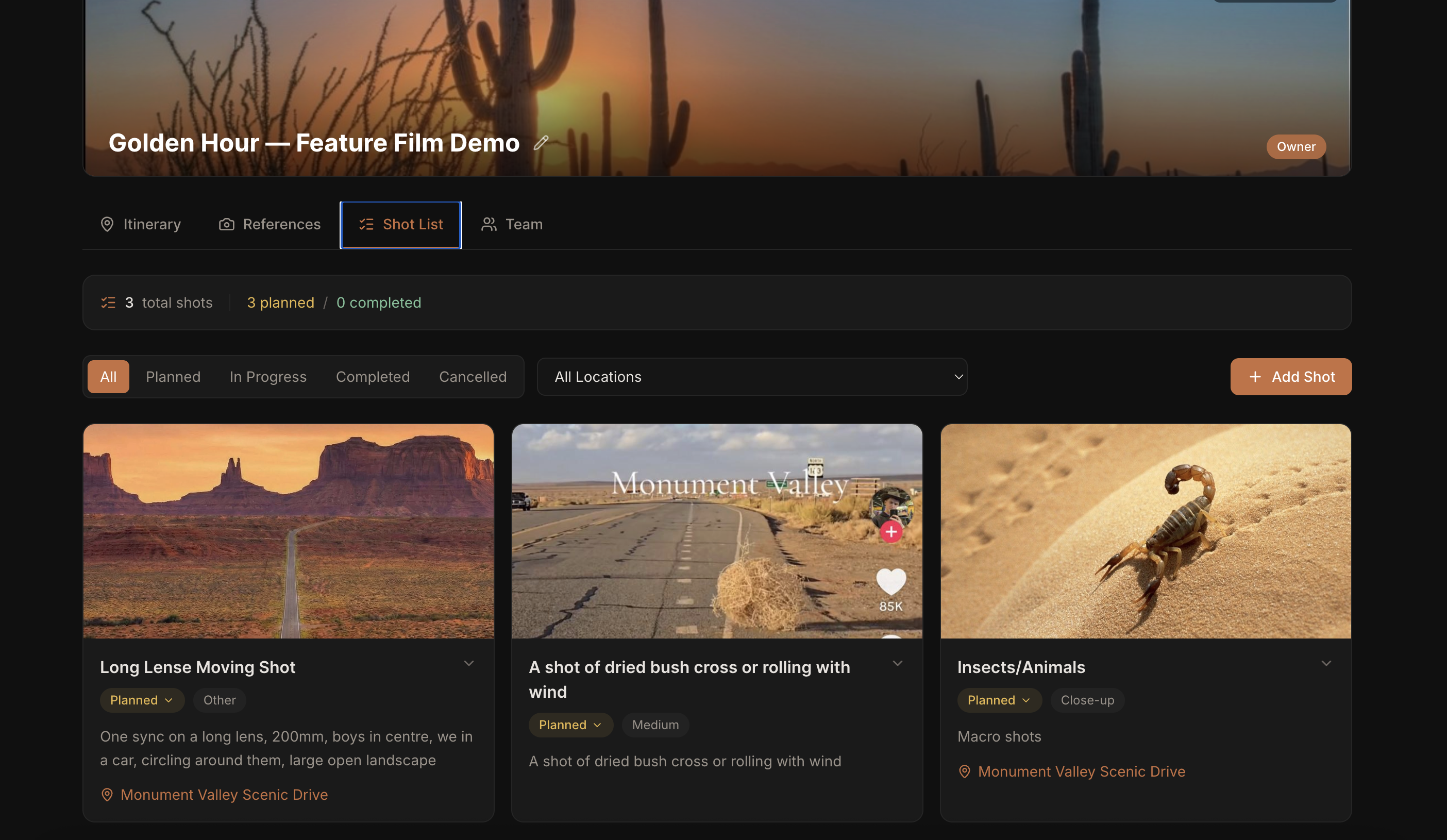 Full shot list with shot types, reference images and location tags