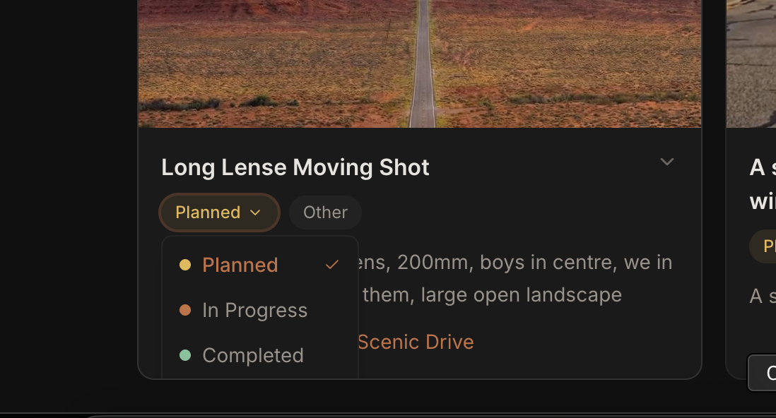 Shot list showing planned, in progress and completed status badges